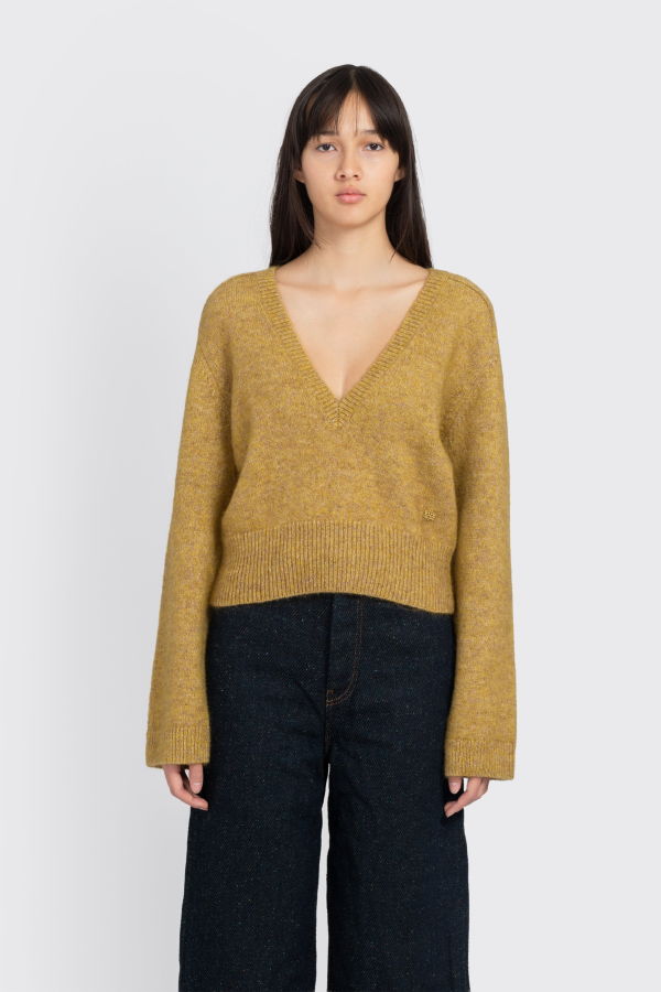 Ganni Brushed Mohair Deep V-neck Sweater - Yellow