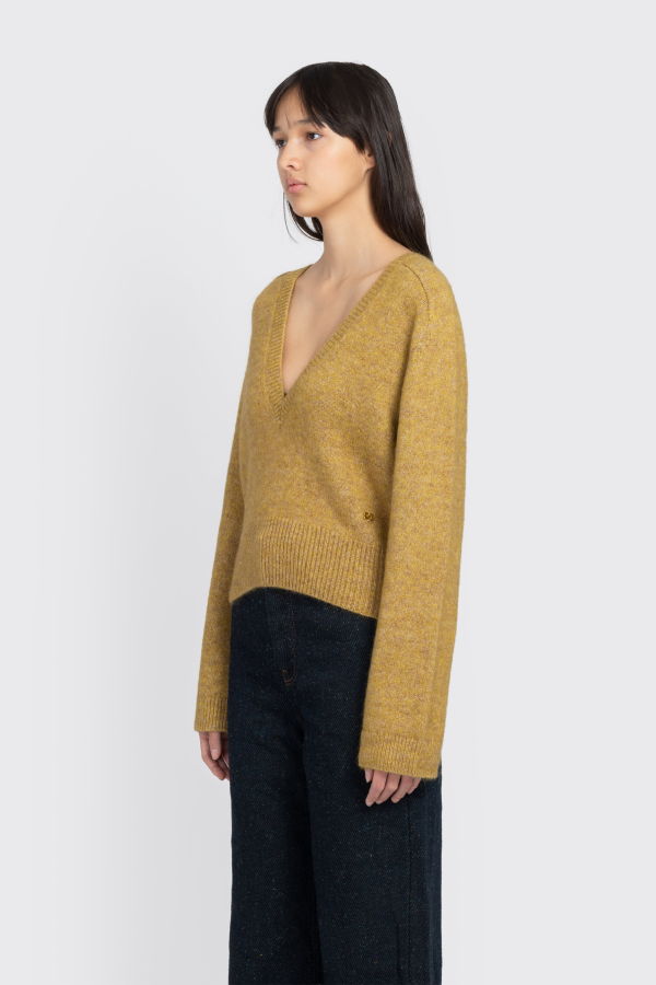 Ganni Brushed Mohair Deep V-neck Sweater - Yellow