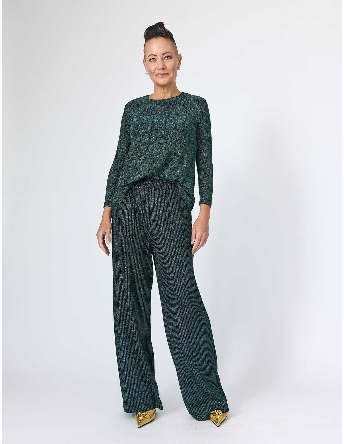 Lindsay Nicholas New York Disco Glitter Bracelet Sleeve Top - Emerald - Image 1 of 4