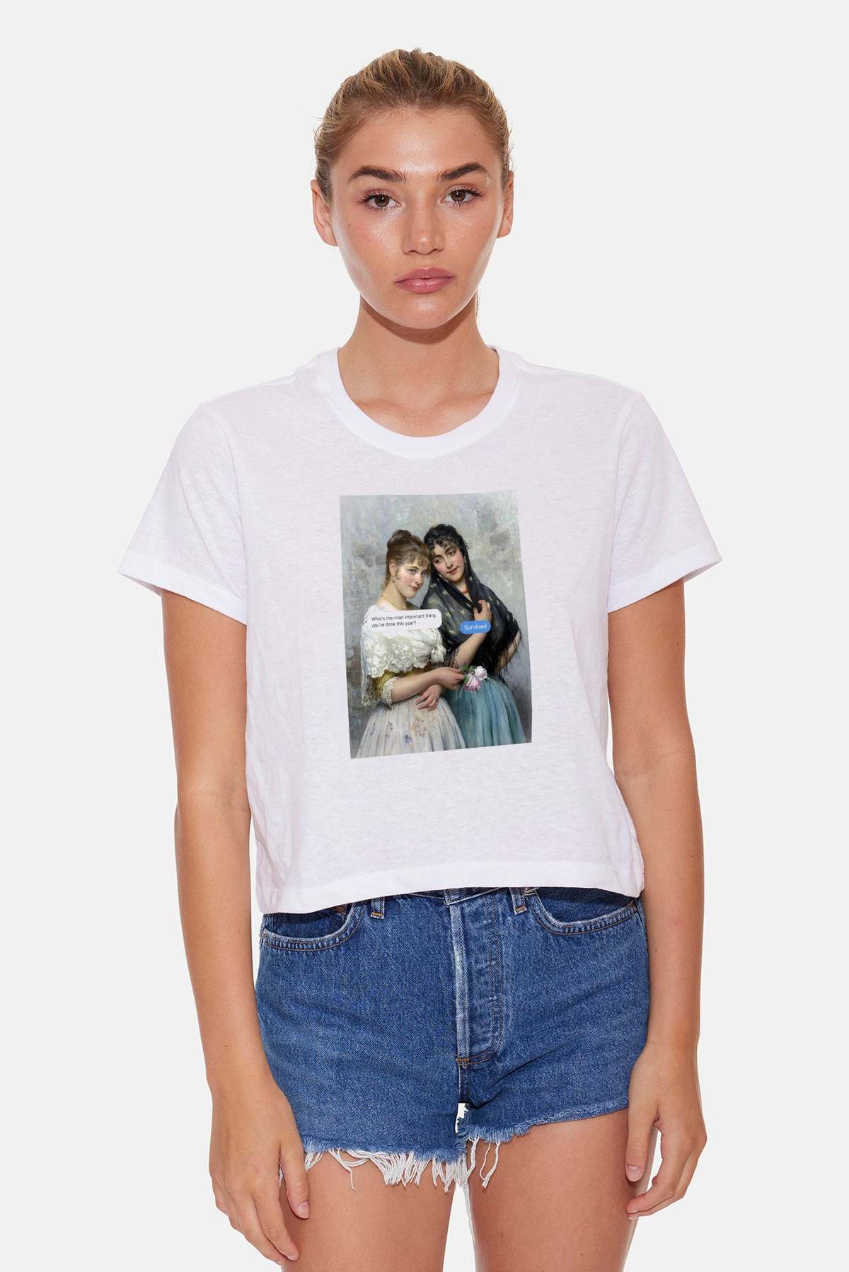 Blue&Cream Survived Text Bubble Cropped Tee - White - Image 2 of 2