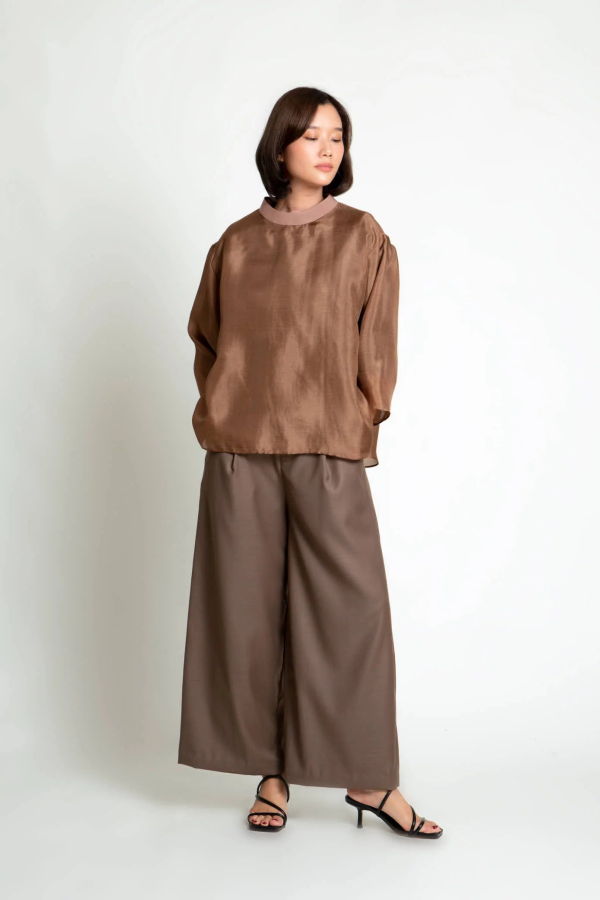 KAAREM Betel Nut Long Sleeve Silk Organza Top
