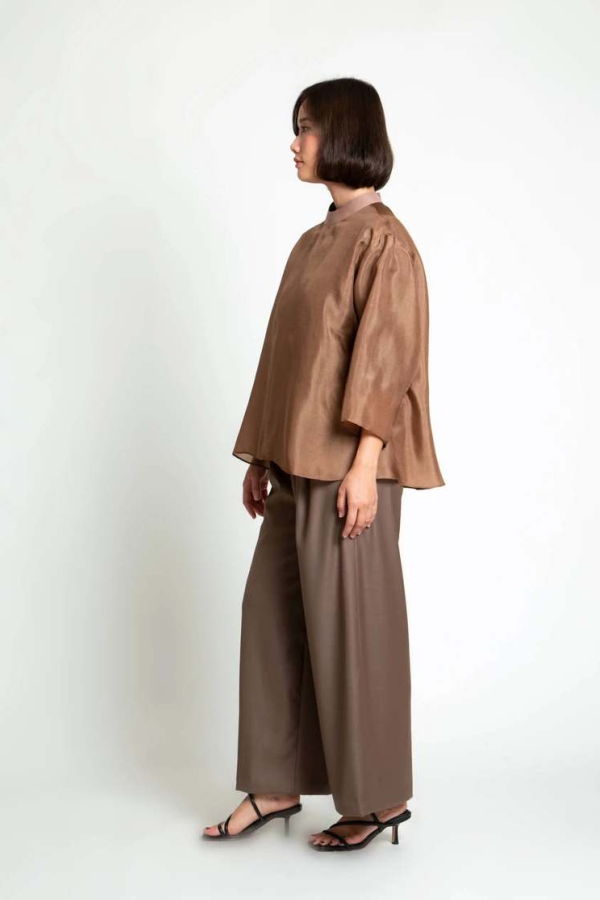 KAAREM Betel Nut Long Sleeve Silk Organza Top