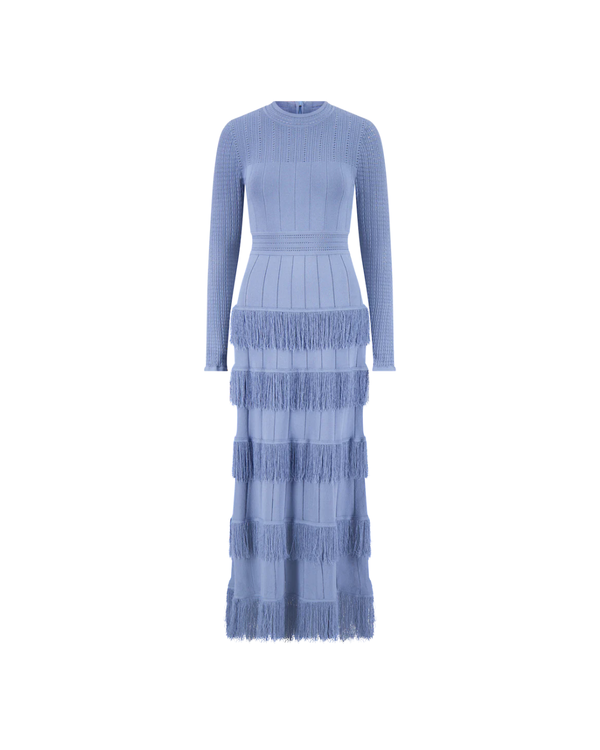 Lela Rose Fringe Detail Knit Piper Dress - Cornflower Blue
