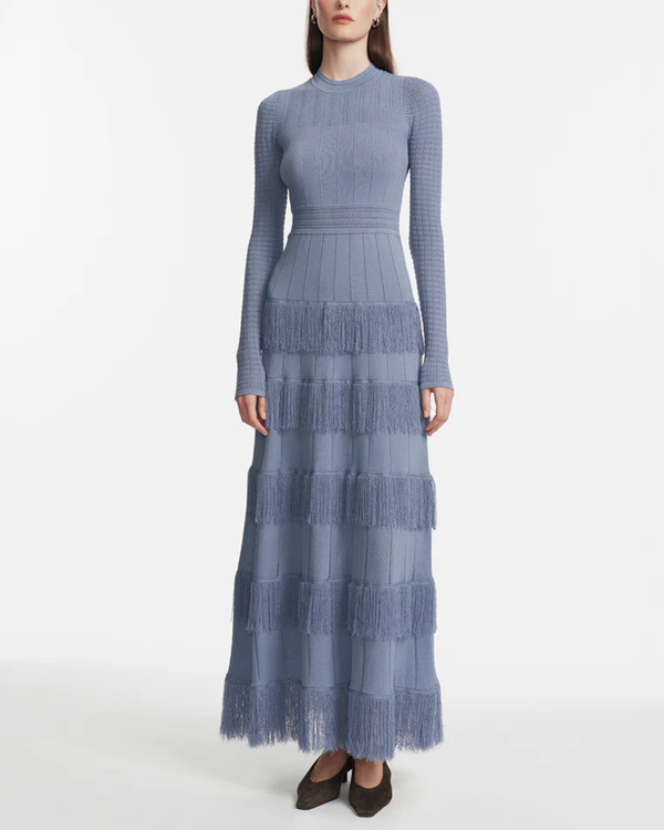 Lela Rose Fringe Detail Knit Piper Dress - Cornflower Blue