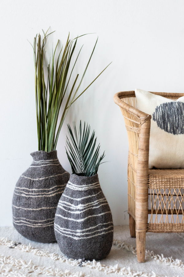 Kanju Interiors Tribal Lines Hand-Felted Wool Gourd Basket