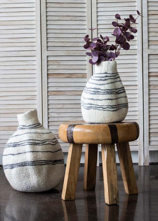 Kanju Interiors Tribal Lines Hand-Felted Wool Gourd Basket