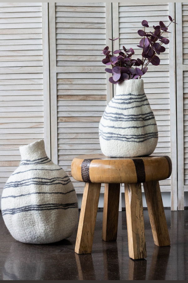 Kanju Interiors Tribal Lines Hand-Felted Wool Gourd Basket