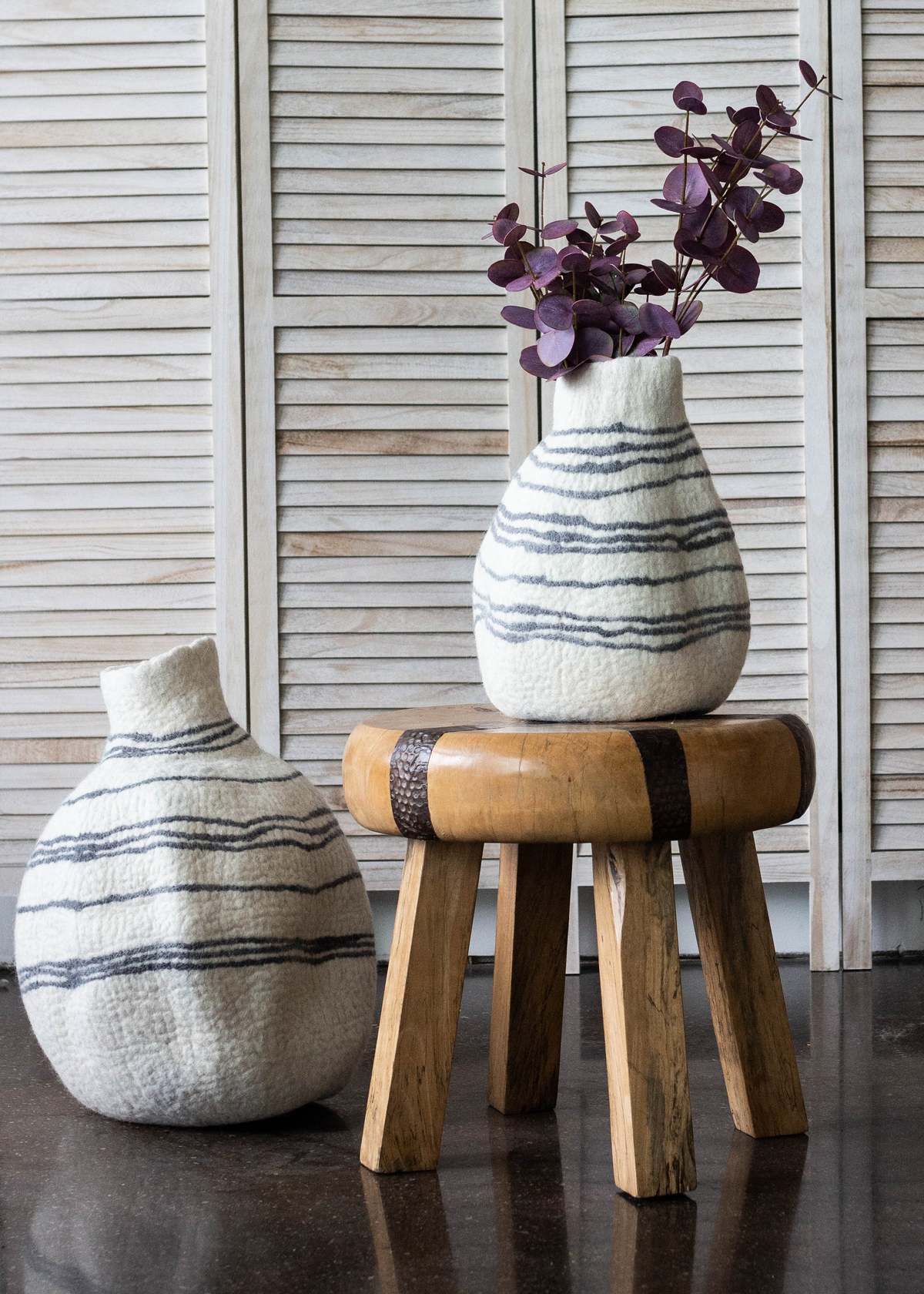 Kanju Interiors Tribal Lines Hand-Felted Wool Gourd Basket - Image 1 of 7