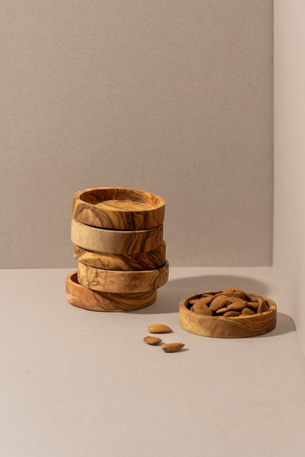 Gharyan Stoneware Versatile Olive Wood Bottle Stand and Snack Bowl