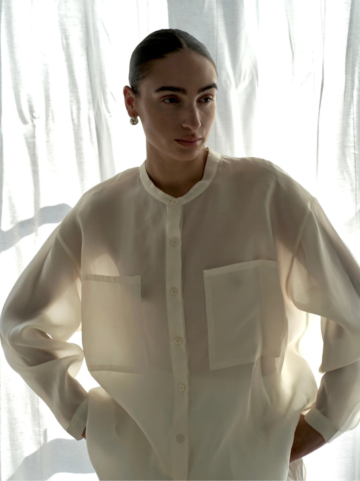 Modern Weaving Oversize Banded Collar Button Down Shirt - Image 2 of 4