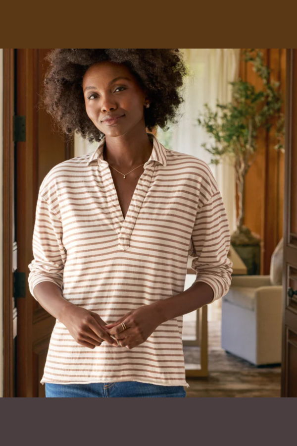 Frank & Eileen Patrick Popover Henley - Vintage White and Camel Stripe