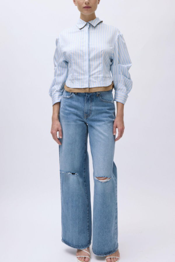 Jonathan Simkhai Boone Combo Shirt - Hydrangea Blue Stripe Multi