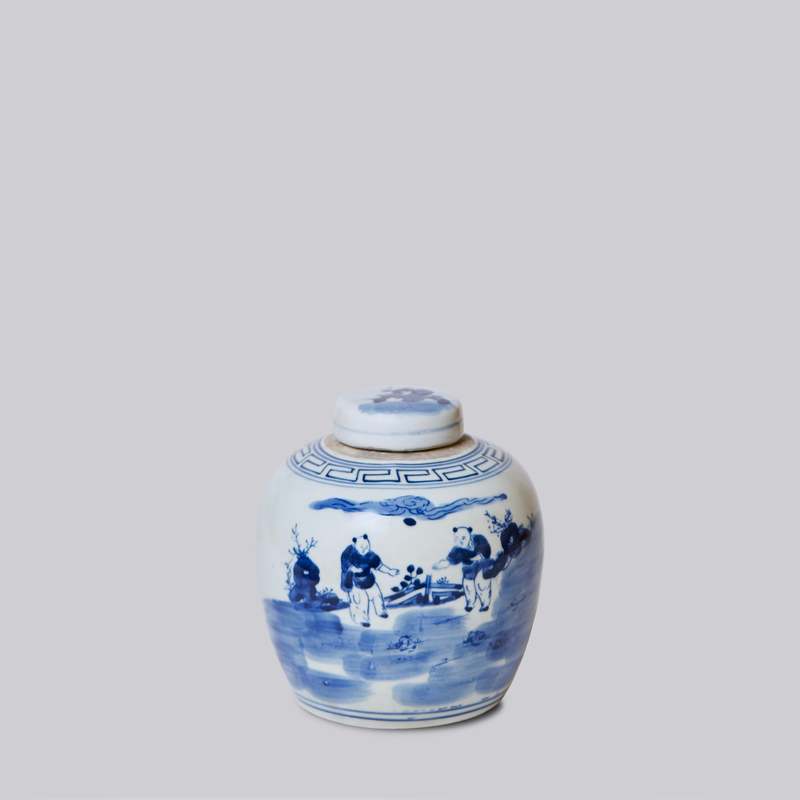 Cobalt Guild Blue and White Porcelain Playing Children Round Storage Jar