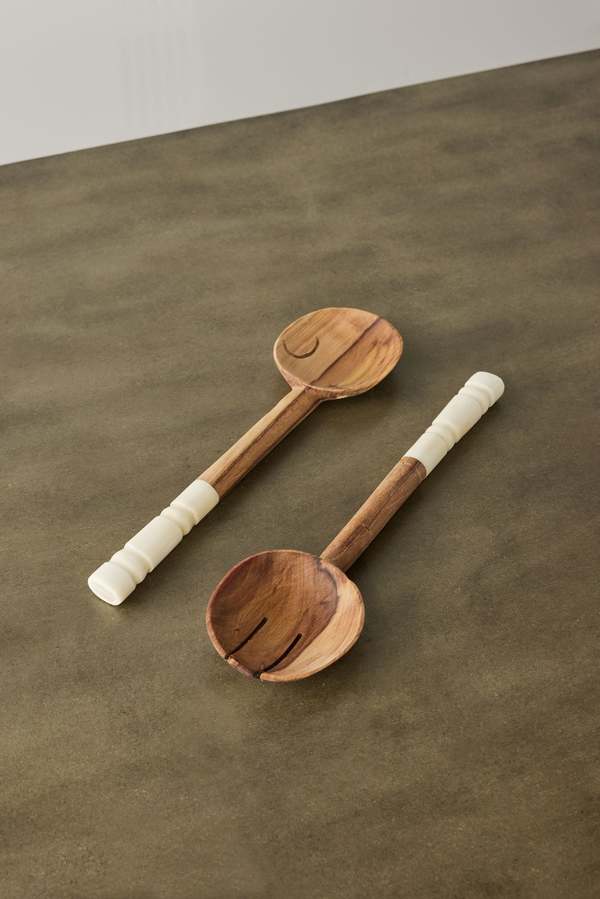 Kanju Interiors Olive Wood Salad Servers with Polished Bone Handles