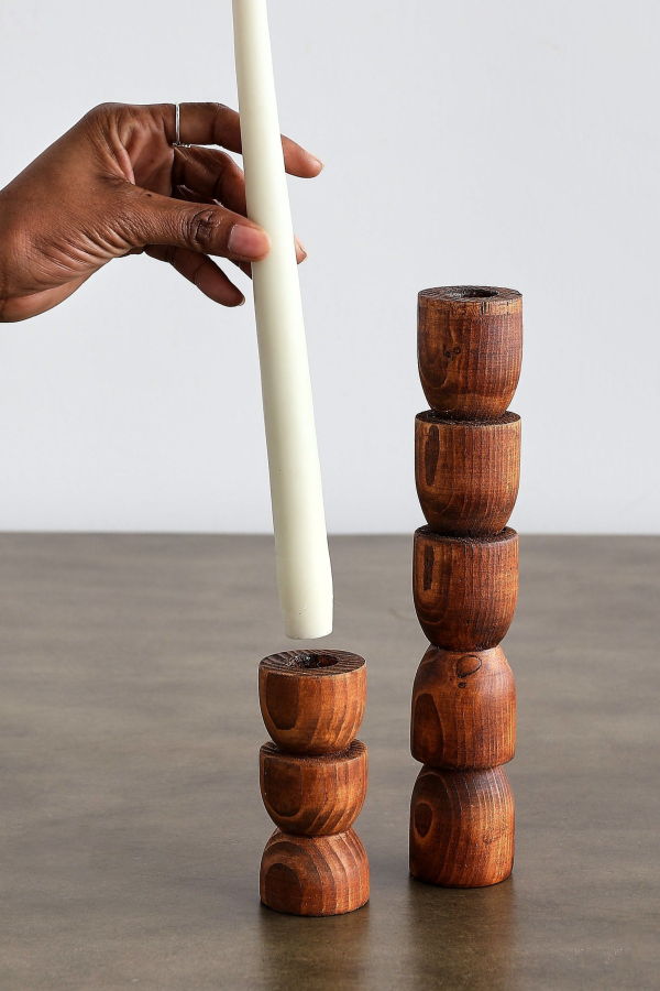 Kanju Interiors Totem Pine Wood Taper Candlestick Holder