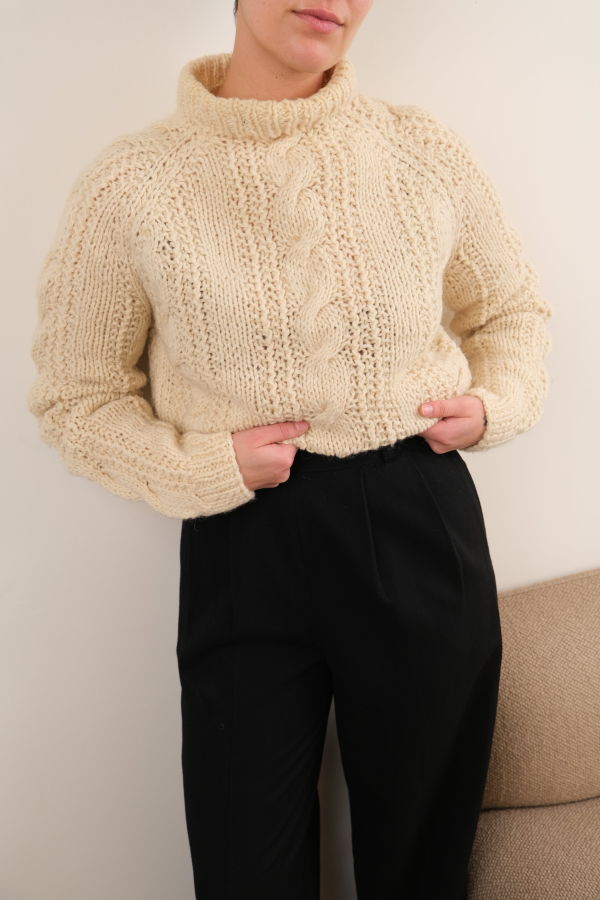 Vintage Wool Hand-Knit Mock Neck Sweater - Buttermilk