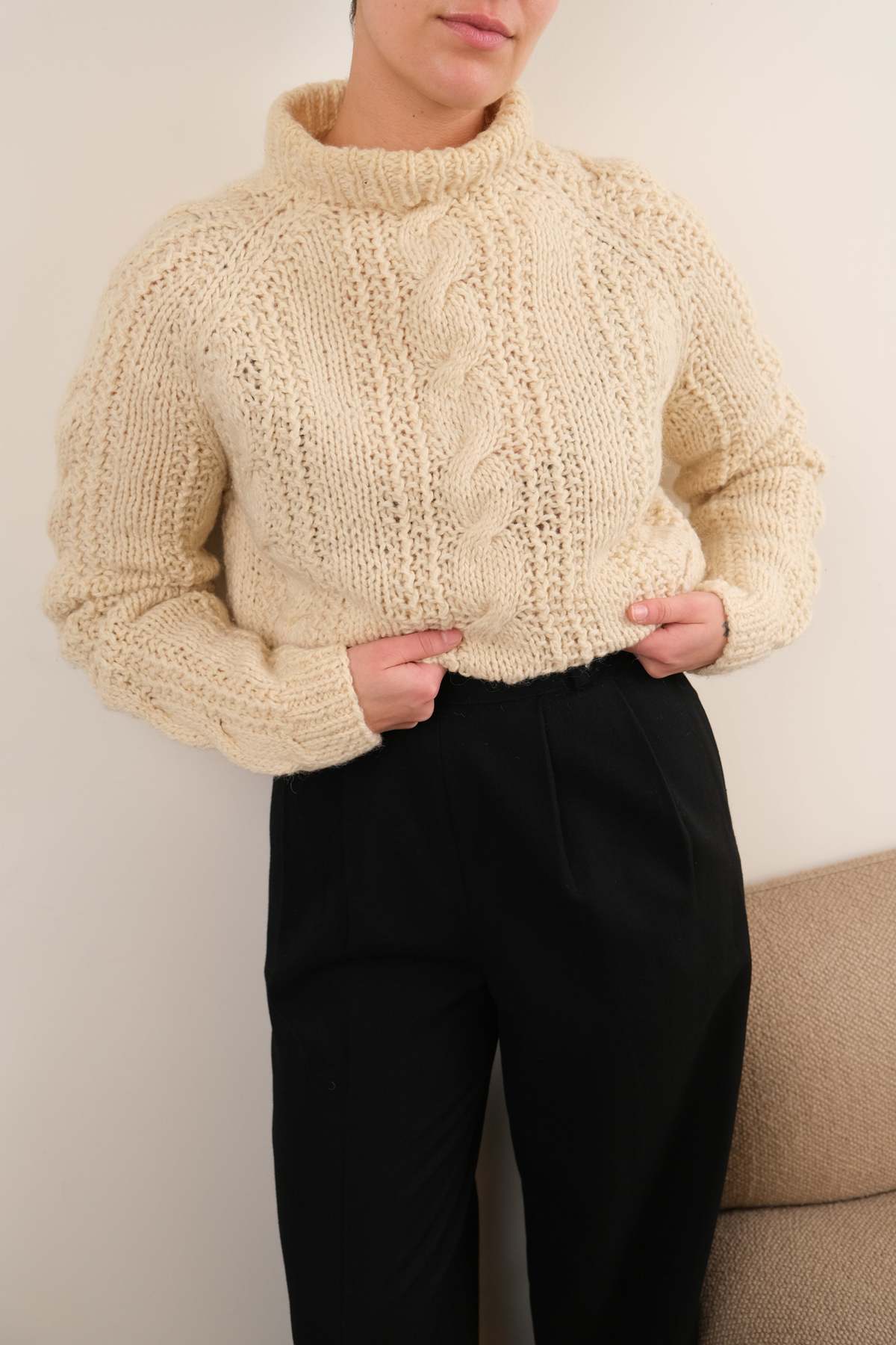 Vintage Wool Hand-Knit Mock Neck Sweater - Buttermilk - Image 2 of 4
