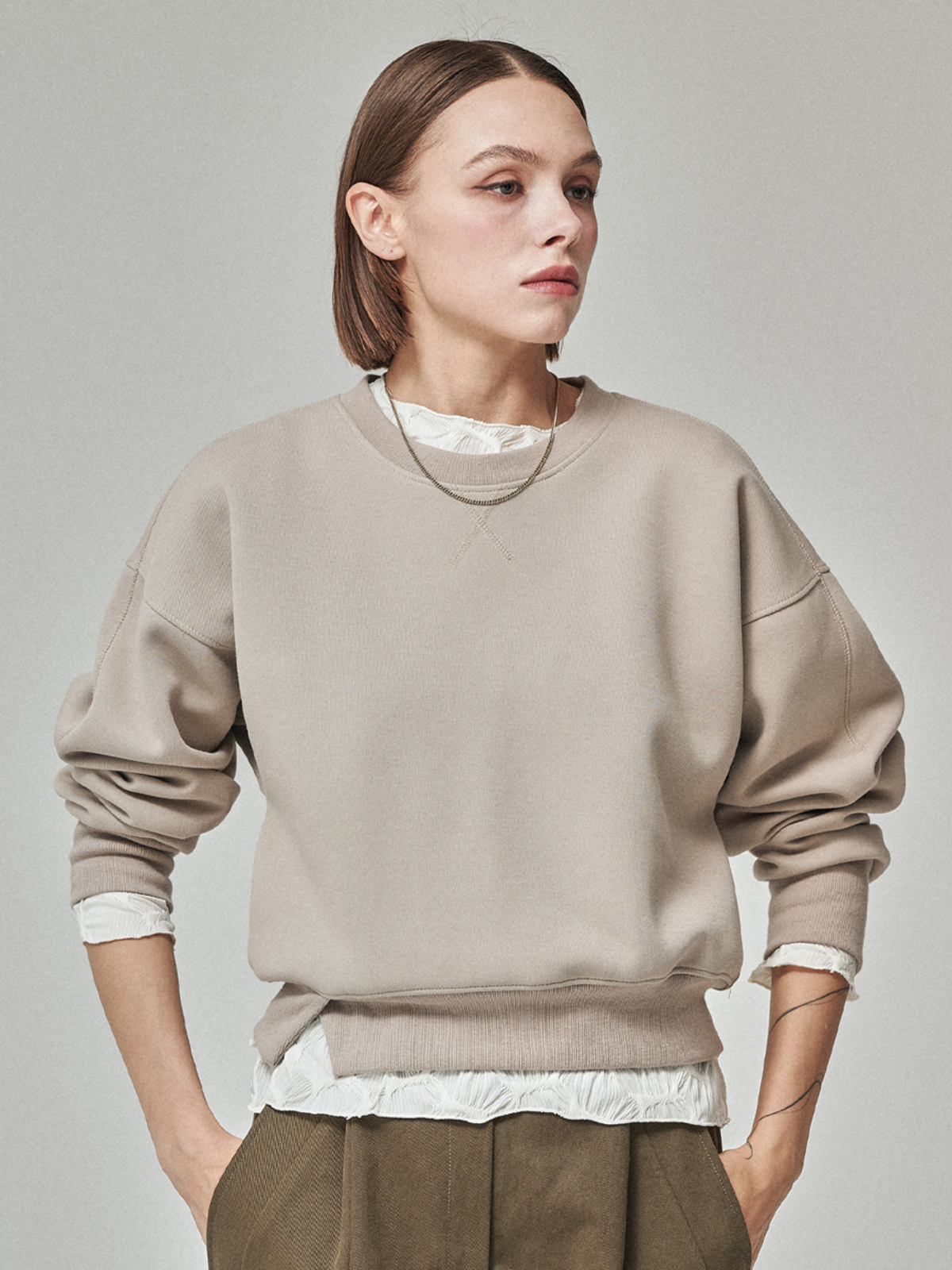 Maison De Ines Neoprene Crop Sweatshirt - Sage Beige - Image 3 of 6