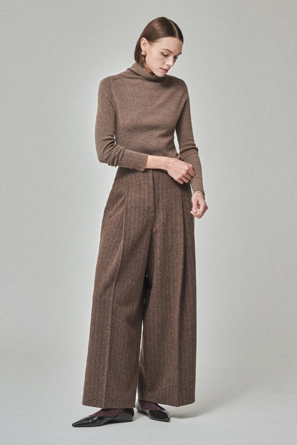 MAISON DE INES Wool Stripe Wide Trousers - Mocha Brown