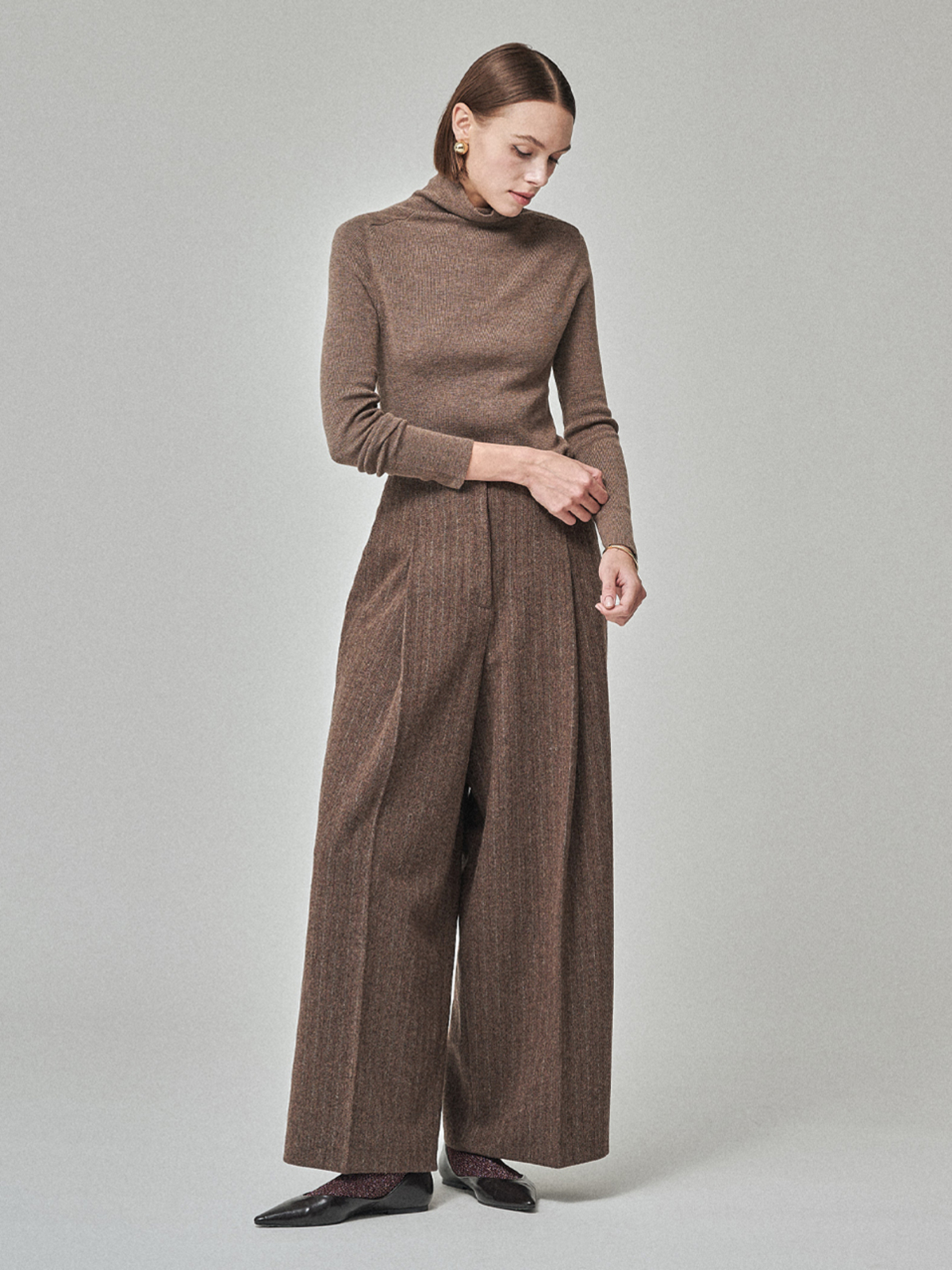 MAISON DE INES Wool Stripe Wide Trousers - Mocha Brown - Image 1 of 6