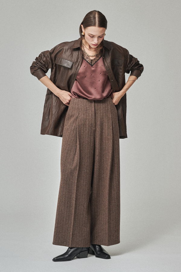 MAISON DE INES Wool Stripe Wide Trousers - Mocha Brown