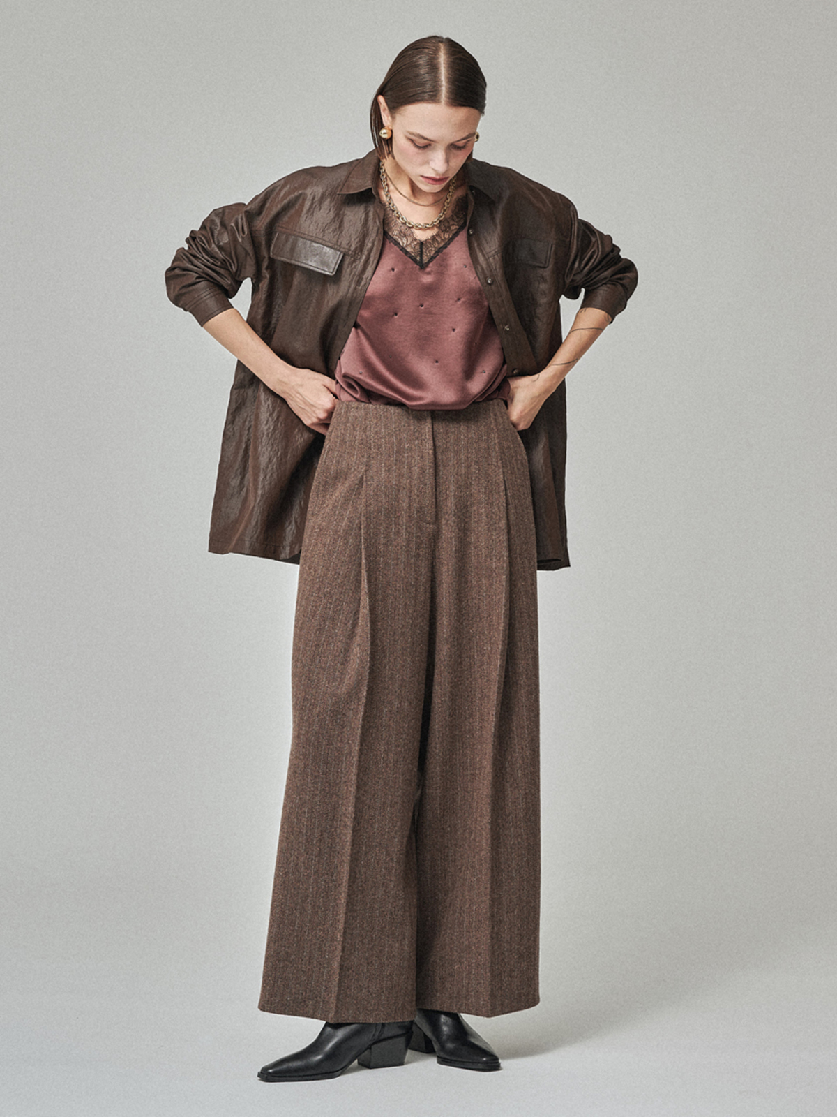 MAISON DE INES Wool Stripe Wide Trousers - Mocha Brown - Image 2 of 6