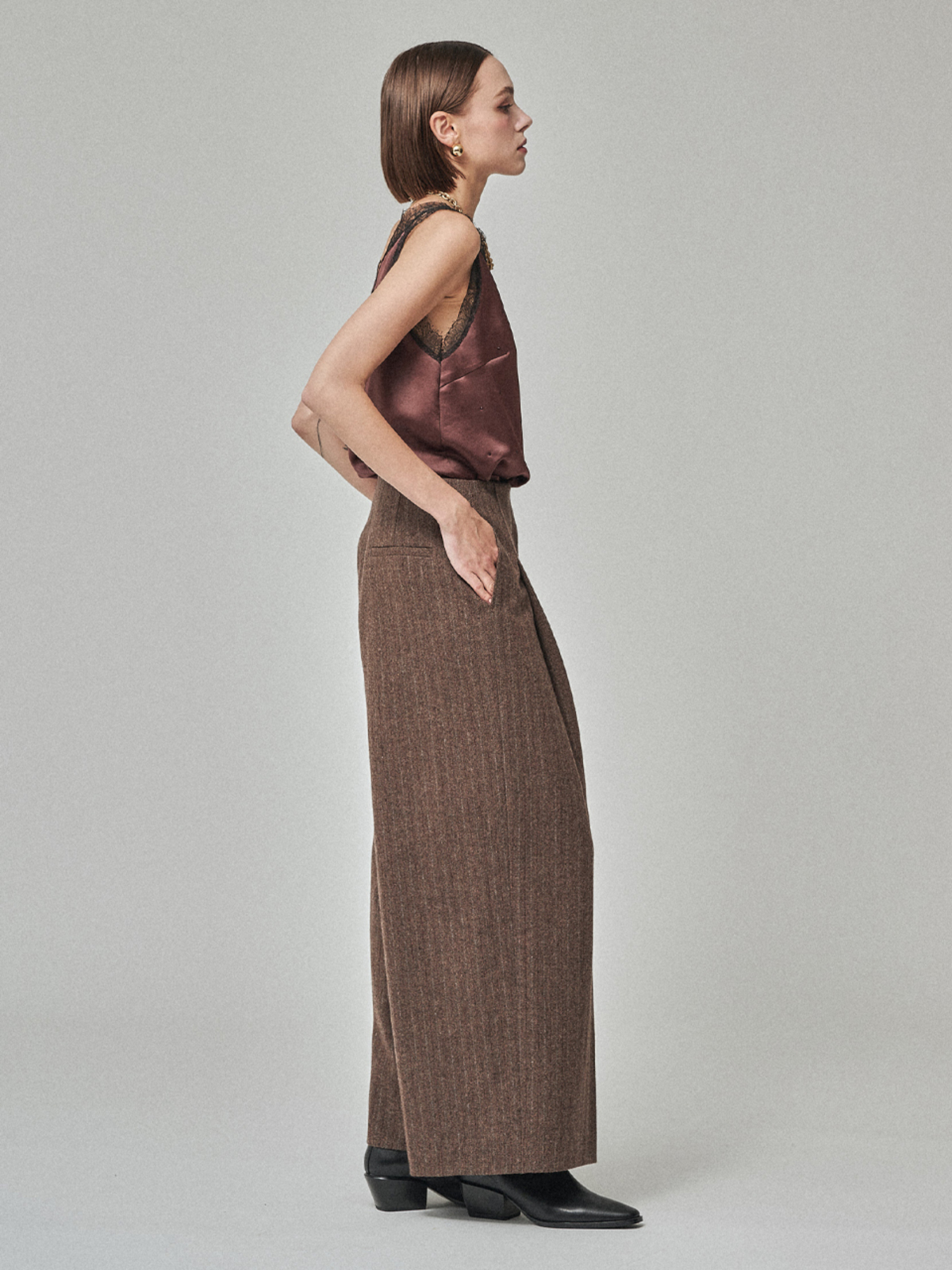 MAISON DE INES Wool Stripe Wide Trousers - Mocha Brown - Image 3 of 6