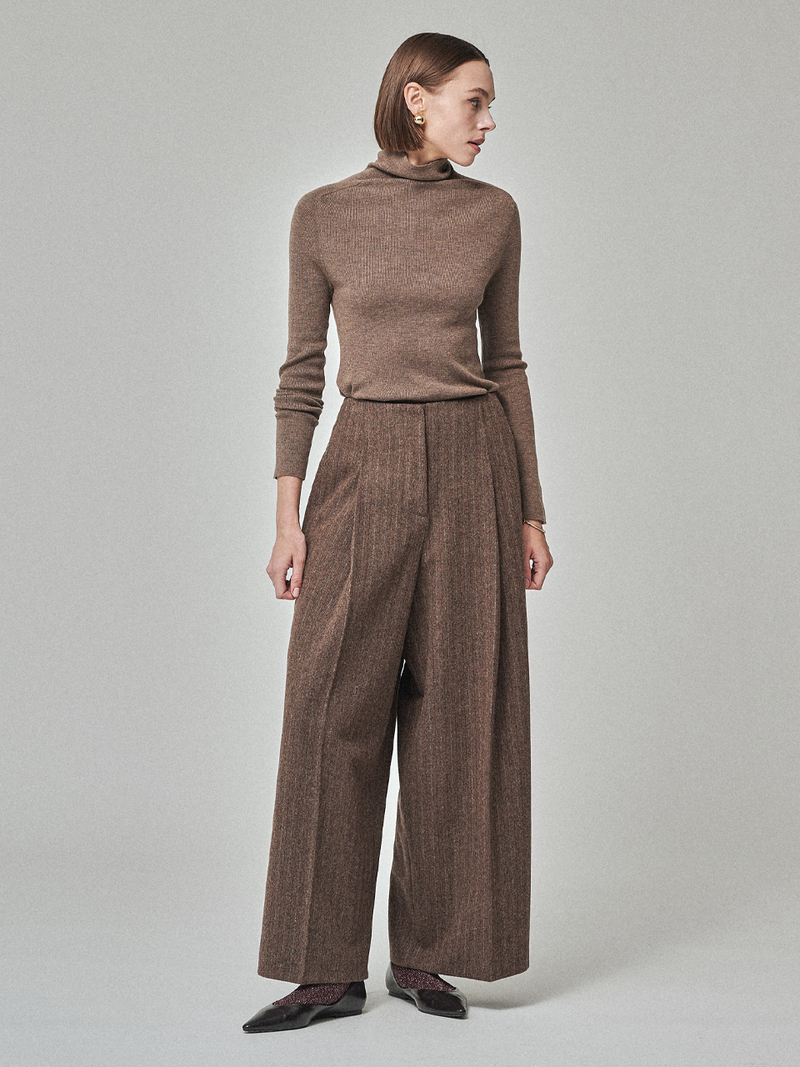MAISON DE INES Wool Stripe Wide Trousers - Mocha Brown