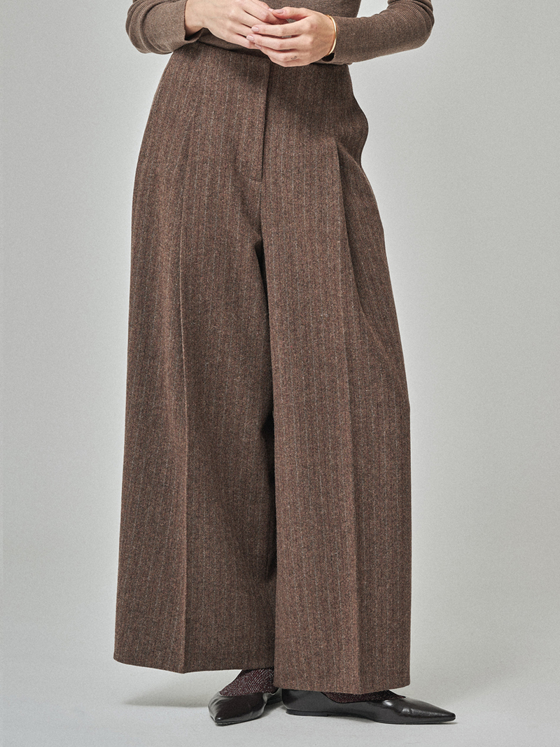 MAISON DE INES Wool Stripe Wide Trousers - Mocha Brown