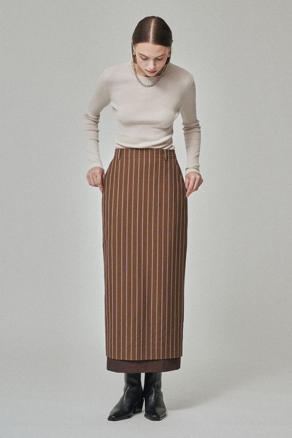 Maison De Ines Stripe Sheer Layered H-Line Skirt - Auburn Mocha