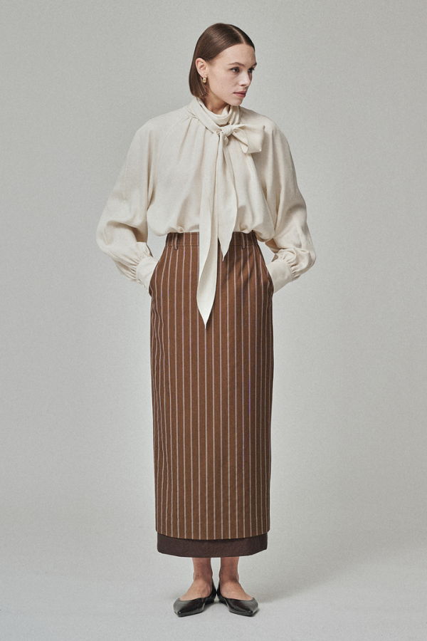 Maison De Ines Stripe Sheer Layered H-Line Skirt - Auburn Mocha