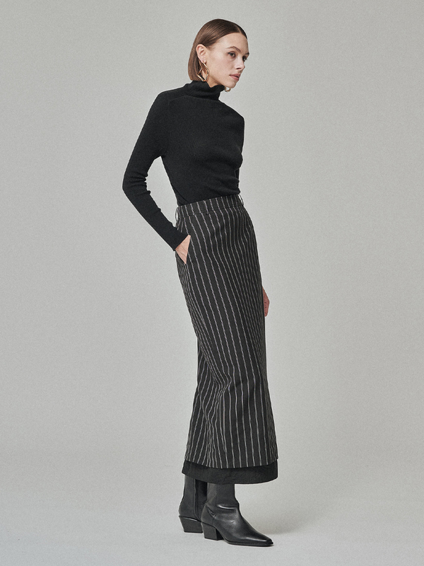 MAISON DE INES Stripe Sheer Layered H-Line Skirt - Black