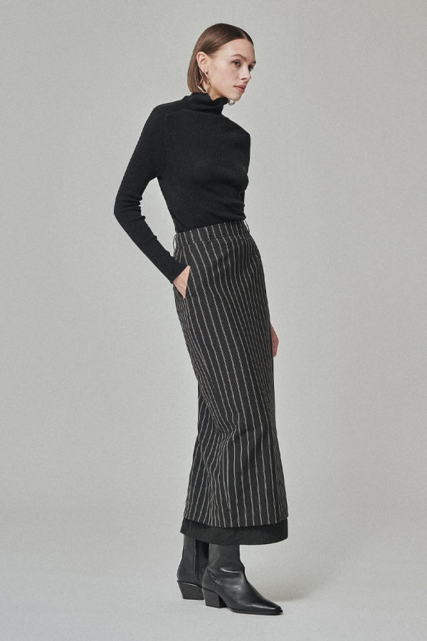 MAISON DE INES Stripe Sheer Layered H-Line Skirt - Black