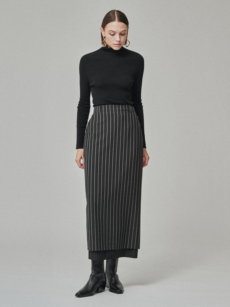 MAISON DE INES Stripe Sheer Layered H-Line Skirt - Black