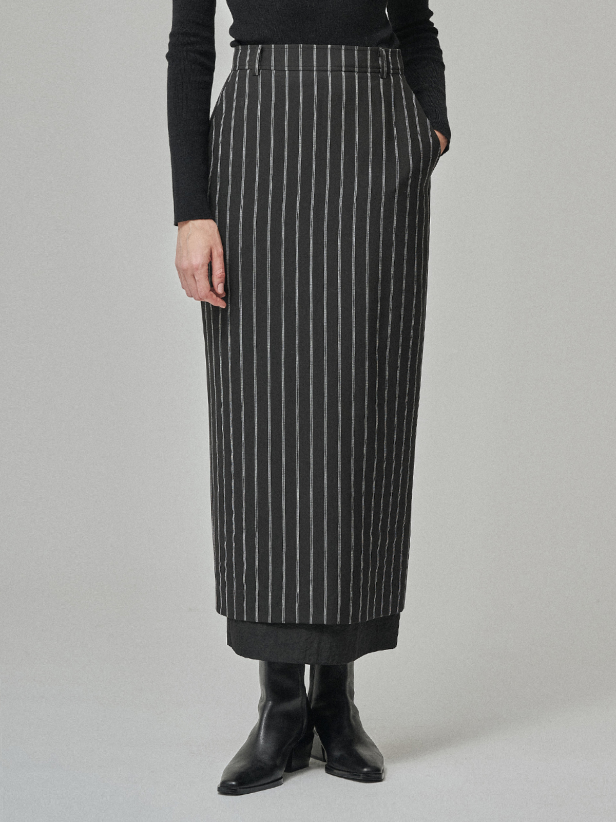 MAISON DE INES Stripe Sheer Layered H-Line Skirt - Black - Image 4 of 6
