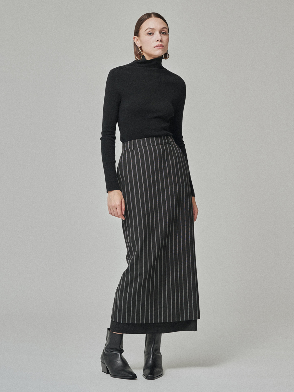 MAISON DE INES Stripe Sheer Layered H-Line Skirt - Black - Image 6 of 6