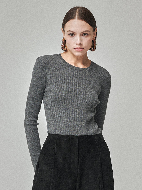 Maison De Ines Rib Wool Blend Basic Knit Top - Melange Gray