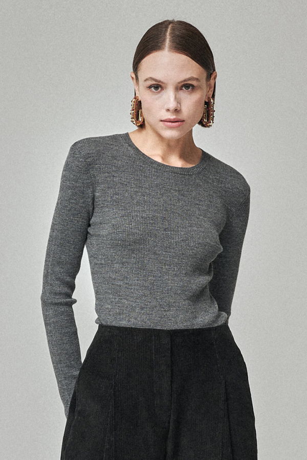 Maison De Ines Rib Wool Blend Basic Knit Top - Melange Gray