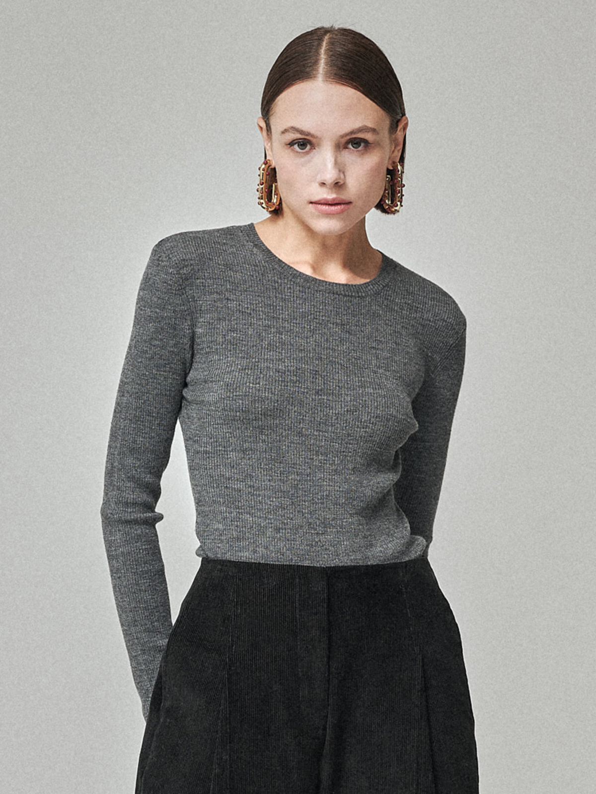 Maison De Ines Rib Wool Blend Basic Knit Top - Melange Gray - Image 1 of 6