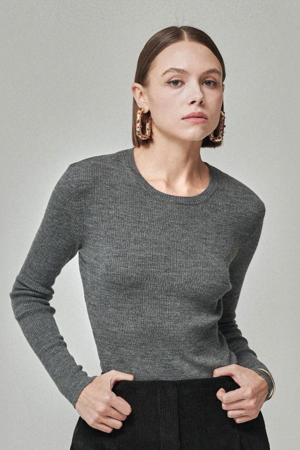 Maison De Ines Rib Wool Blend Basic Knit Top - Melange Gray
