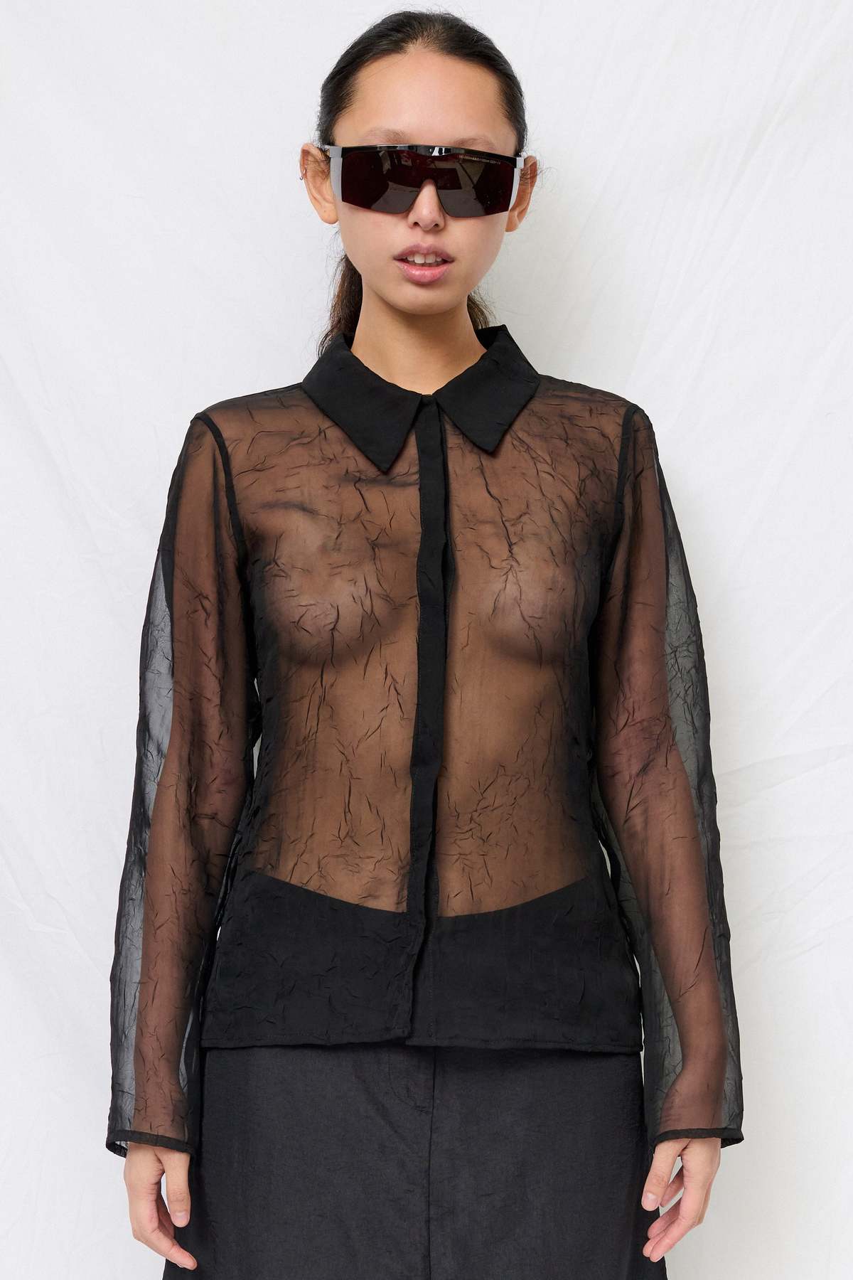 Assembly Black Crinkle Chiffon Fitted Button Up Top - Image 1 of 5