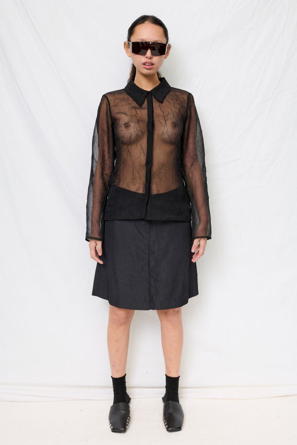 Assembly Black Crinkle Chiffon Fitted Button Up Top