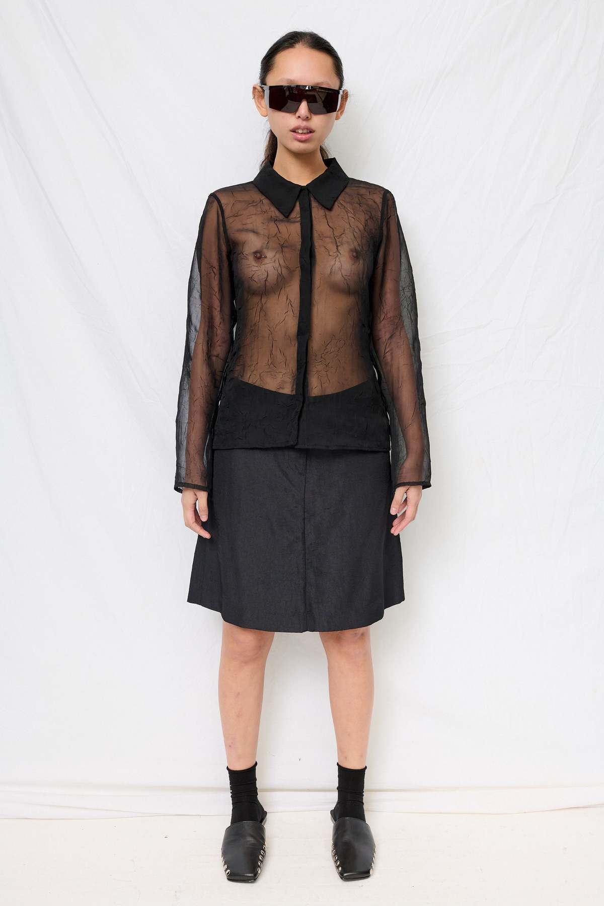 Assembly Black Crinkle Chiffon Fitted Button Up Top - Image 2 of 5