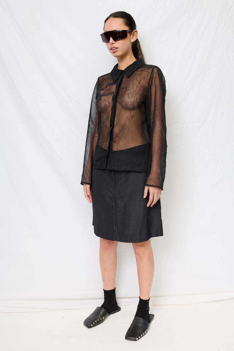 Assembly Black Crinkle Chiffon Fitted Button Up Top