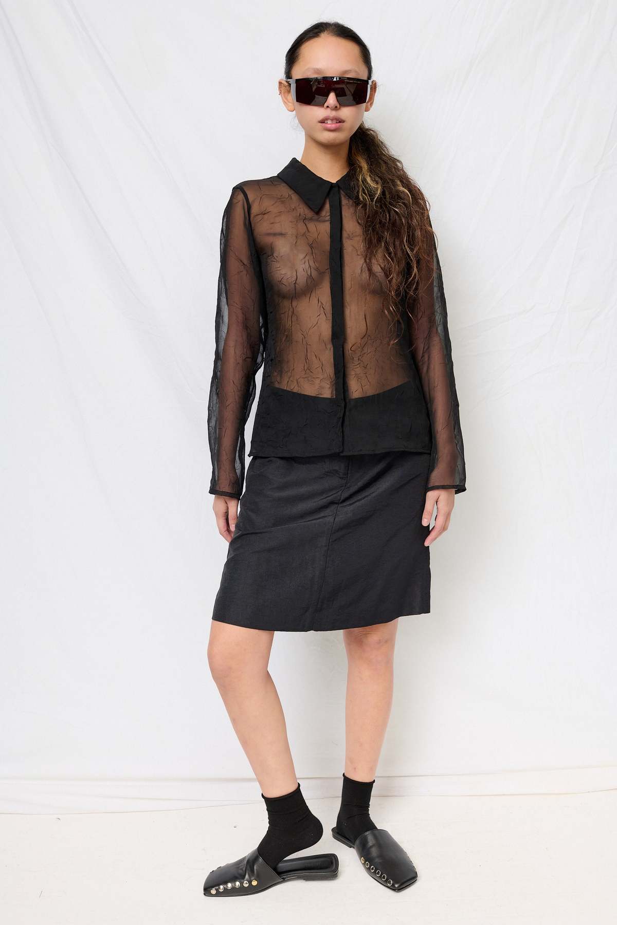 Assembly Black Crinkle Chiffon Fitted Button Up Top - Image 5 of 5