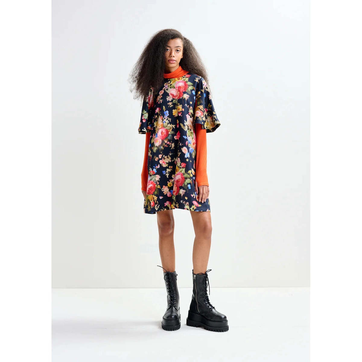 Essentiel Antwerp Jamie Wide A-Line Mini Dress - Black Blue Red Floral - Image 1 of 5