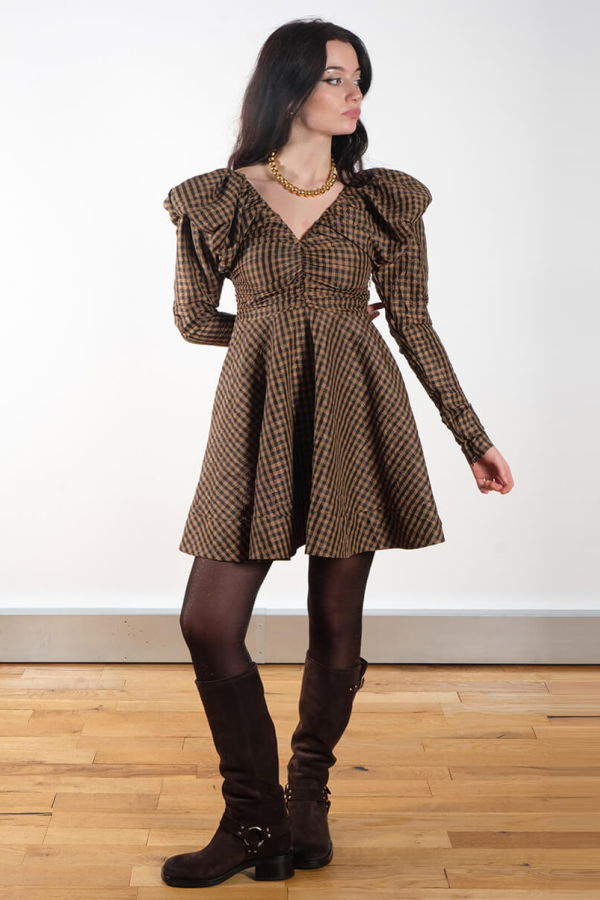 Ganni Crinkled Check Mini Dress