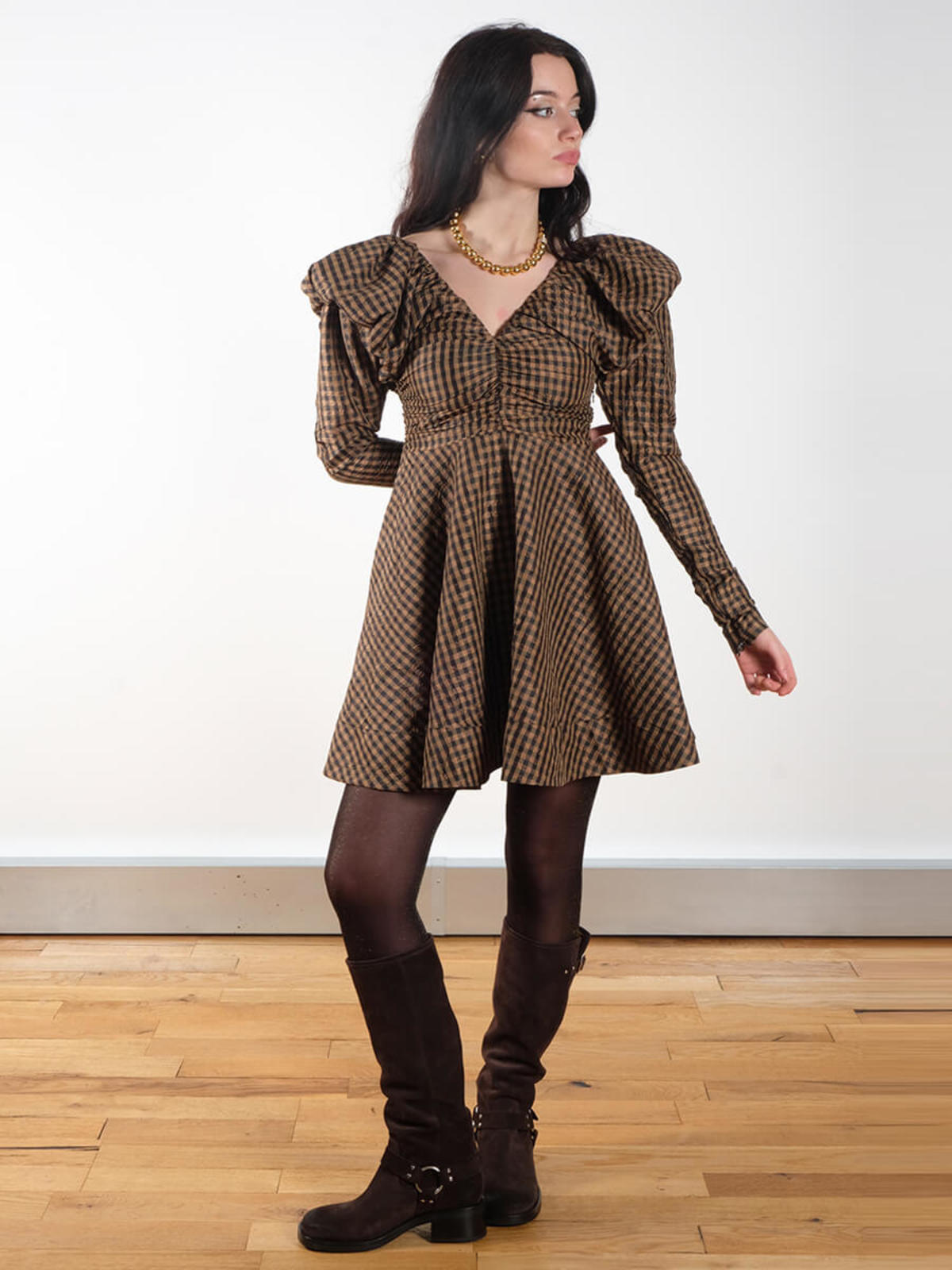 Ganni Crinkled Check Mini Dress - Image 1 of 6