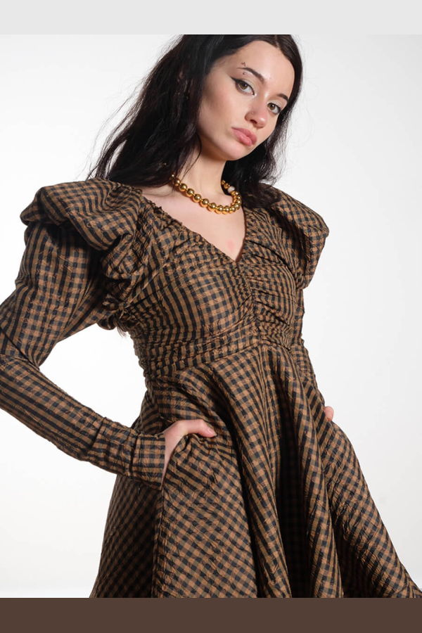 Ganni Crinkled Check Mini Dress