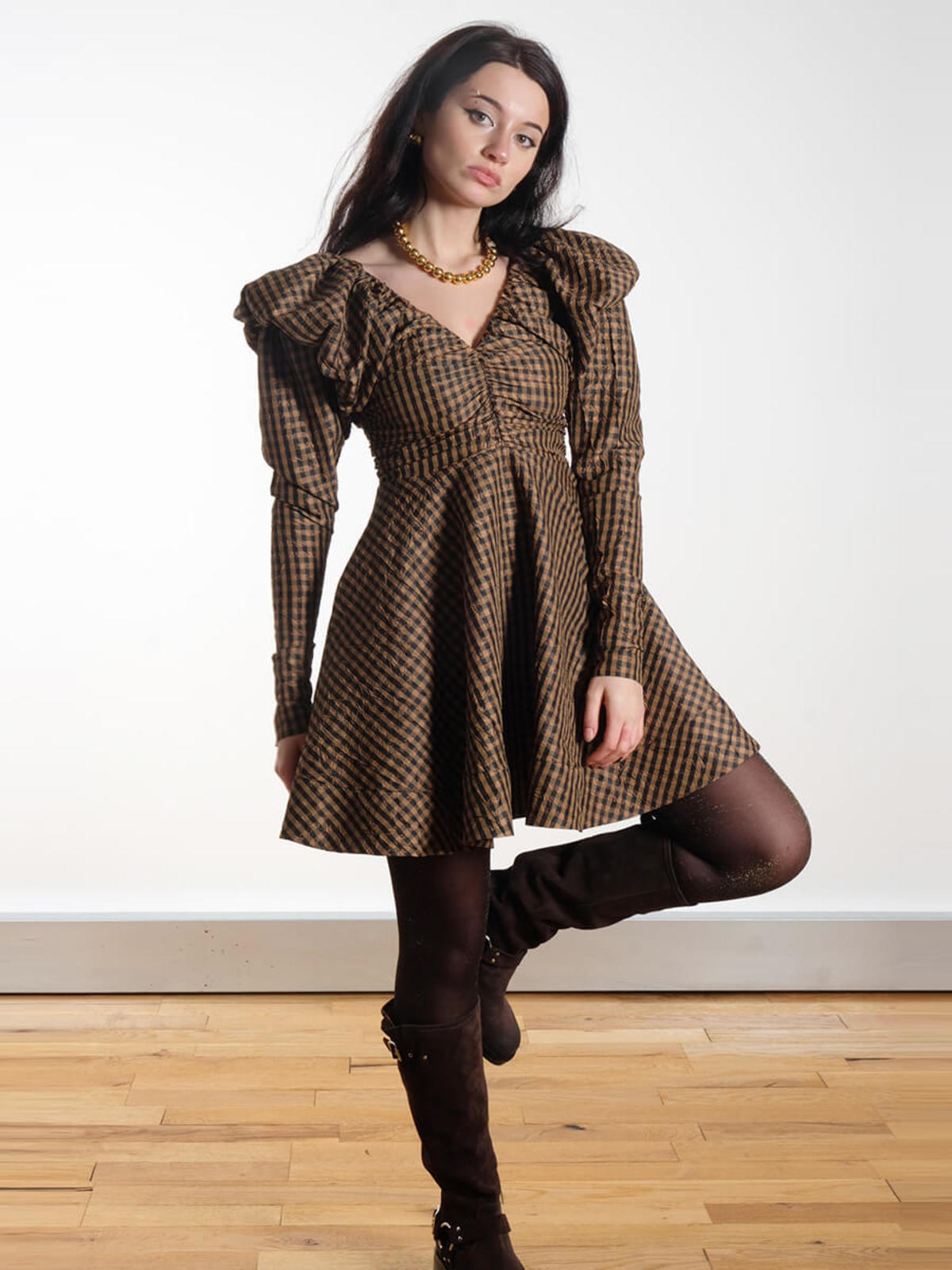 Ganni Crinkled Check Mini Dress - Image 4 of 6